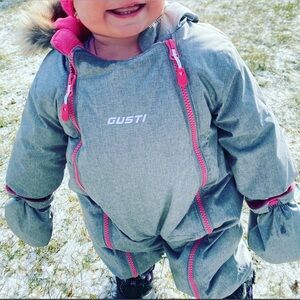 Gusti Canada Baby Snowsuit 12M — Grey / Pink One-Piece Winter Suit, Hood